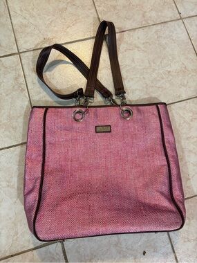 Pink Tote Bag with Brown Straps - Fashion Handbag